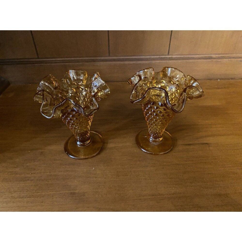 Pair of Vintage Fenton Art Glass-Amber Hobnail Trumpet Vase  Ruffled 4" tall